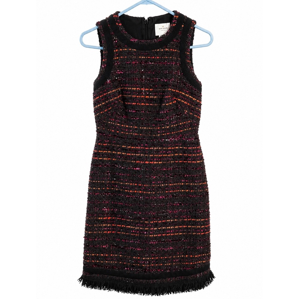 Kate‎ Spade Tweed Sleeveless Fringe Hem Dress Black Multicolor Size 00
